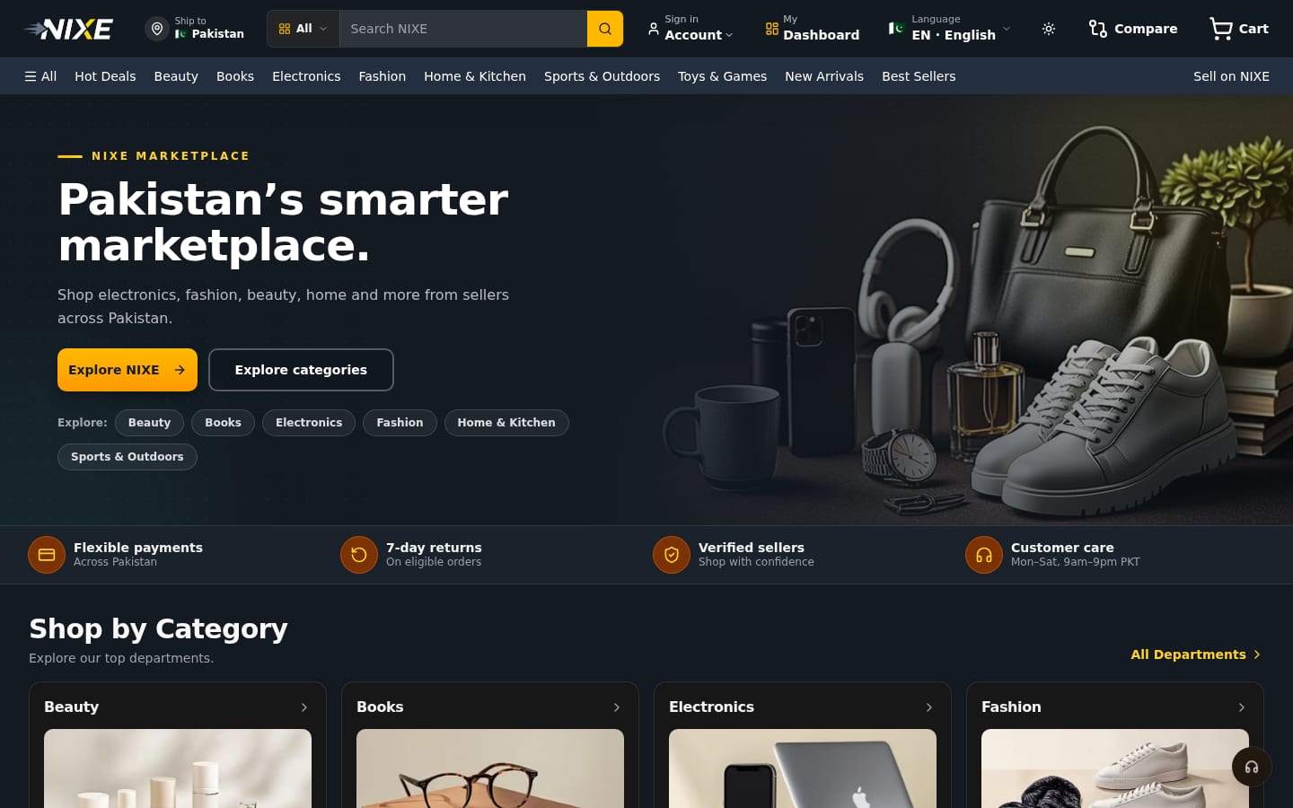 nixe.pk homepage in dark theme, online marketplace in Pakistan custom coded with AI by FAISAL